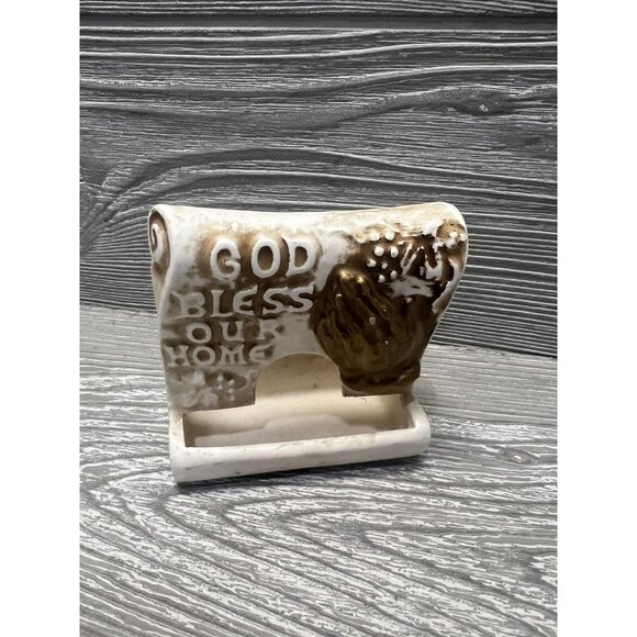 Vintage God Bless Our Home Praying Hands Matchstick Holder Enesco Japan - Picture 1 of 7